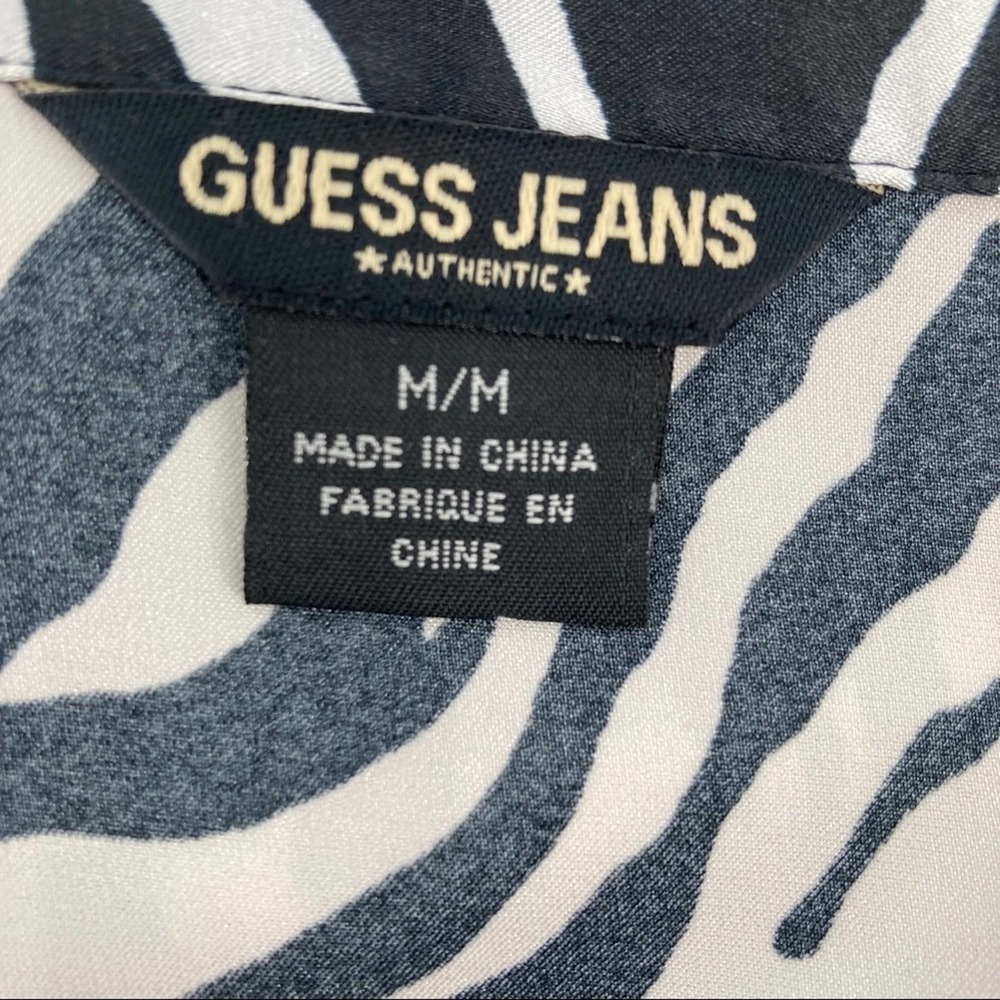Guess Jeans Zebra Print Silky Short Sleeve Button Front Ruched Collared Blouse - Picture 7 of 14